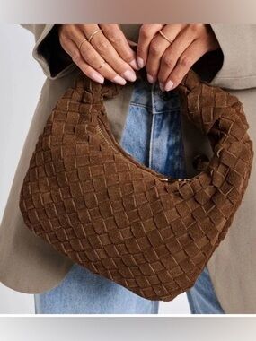 Nico & Olive Genuine Suede Leather Woven Brown Handbag Purse